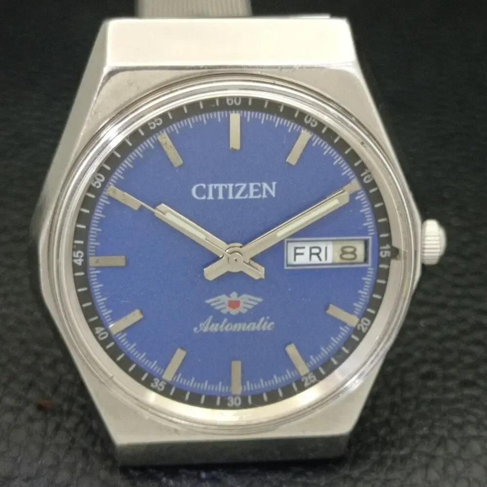 Vintage 1981 Citizen Automatic Mens Silver Watch W/daydate & Blue accents